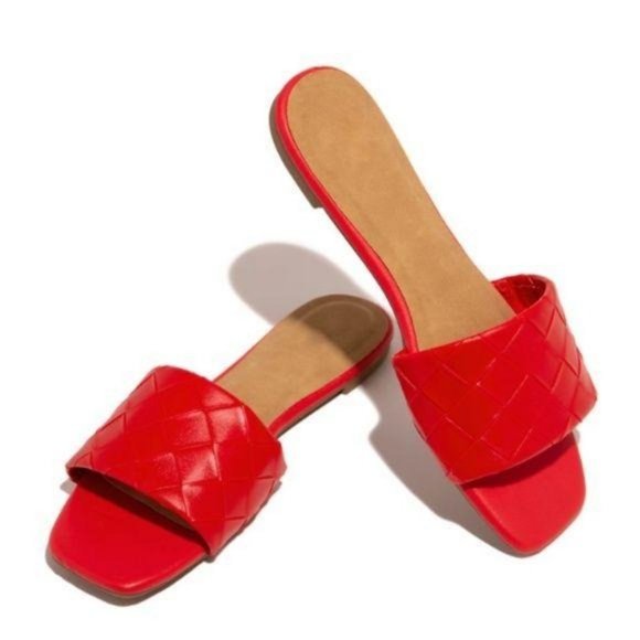 Shoes - Red Square Toe Woven Strap Slides